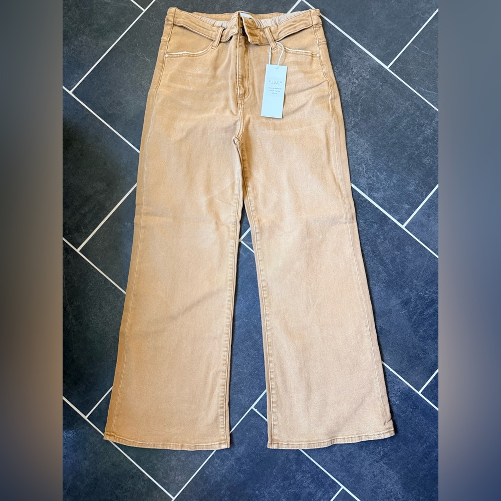 Risen Jeans 1XL NWT High Rise Wide Leg Fold Over Elastic Waist Mocha Jean